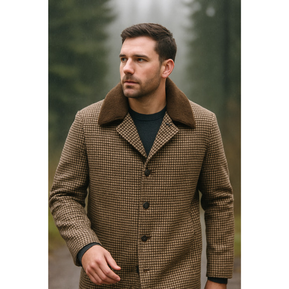 SOLD!  Vintage L Wool $450 Herringbone Shearling Coat Long Jacket Brown 44 - Picture 15 of 15